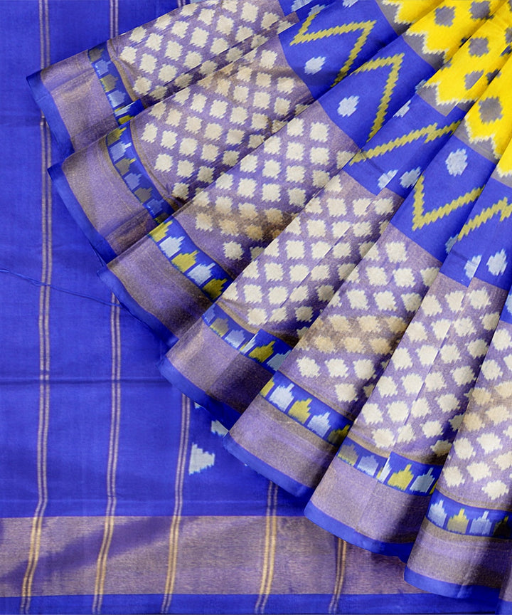 Yellow blue handwoven pochampally ikat silk saree