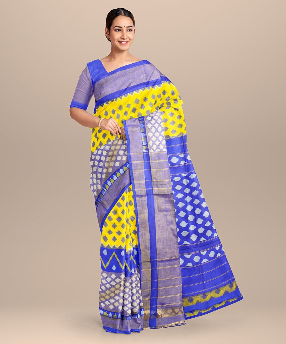 Yellow blue handwoven pochampally ikat silk saree