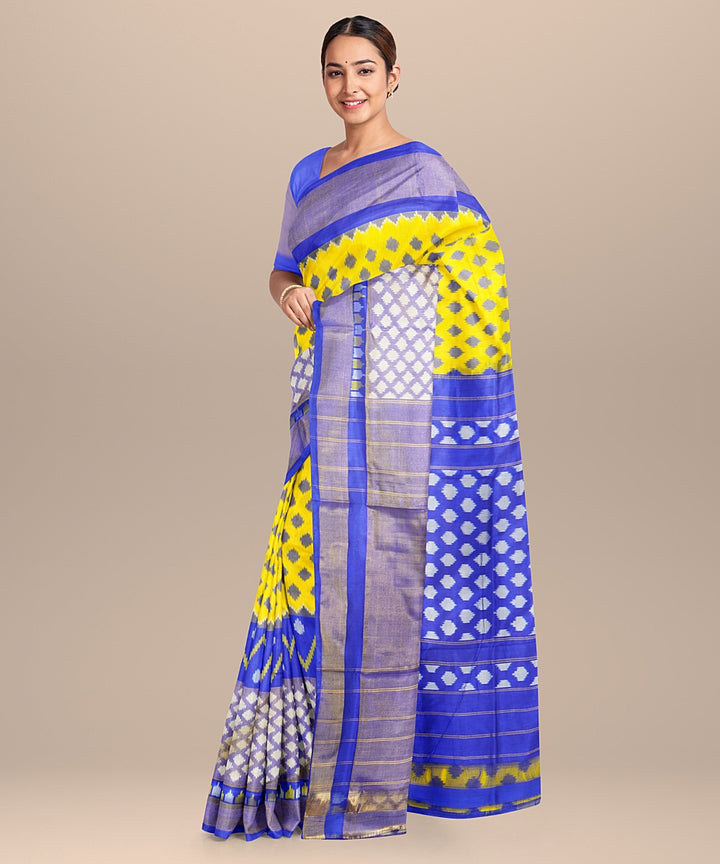 Yellow blue handwoven pochampally ikat silk saree