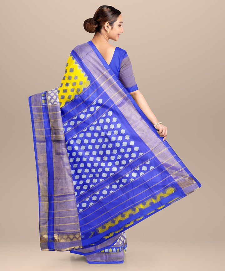 Yellow blue handwoven pochampally ikat silk saree