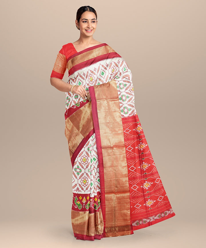 Cream red handwoven pochampally ikat silk saree