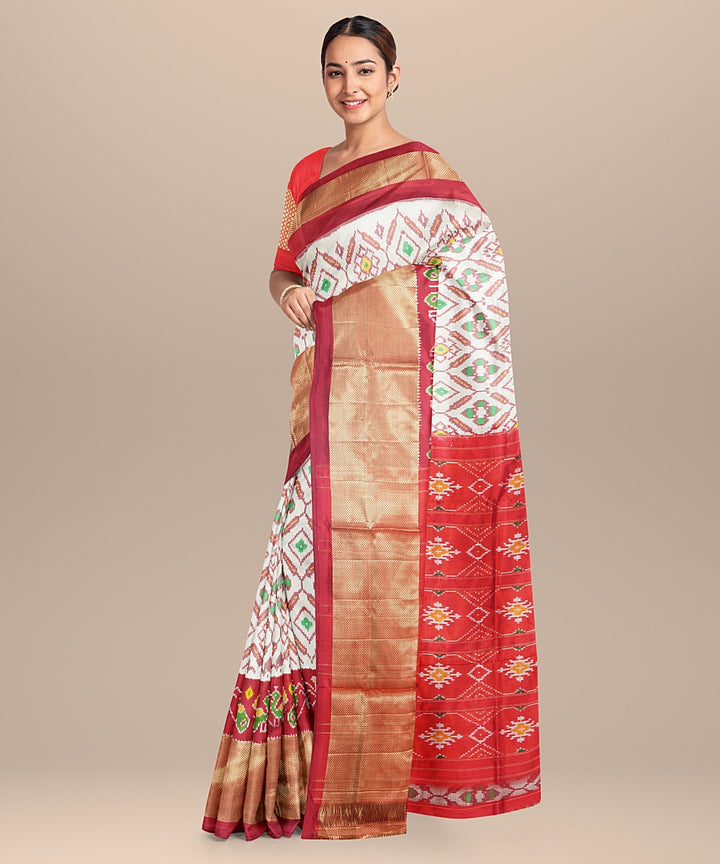 Cream red handwoven pochampally ikat silk saree