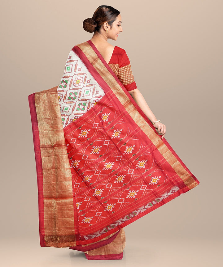 Cream red handwoven pochampally ikat silk saree