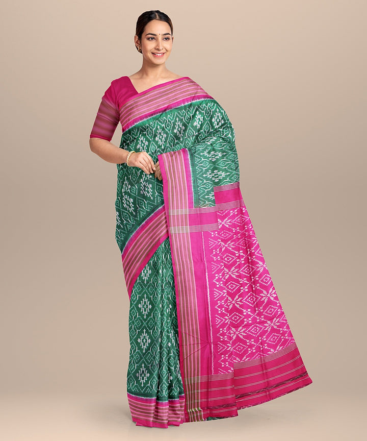 Light green pink handwoven pochampally ikat silk saree