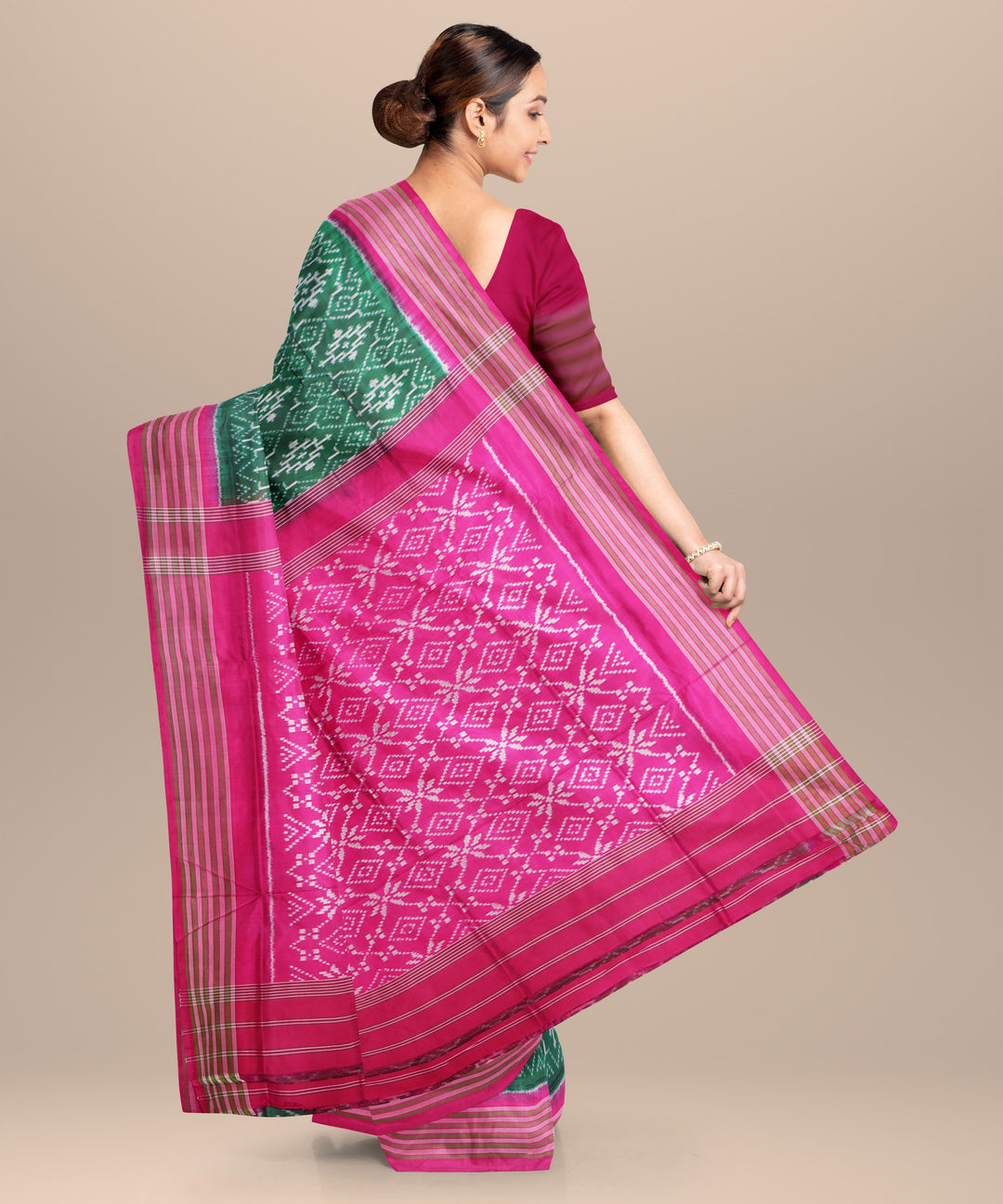 Light green pink handwoven pochampally ikat silk saree