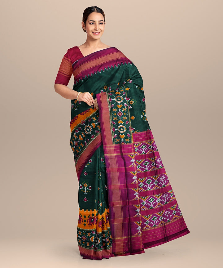 Dark green pink handwoven pochampally ikat silk saree