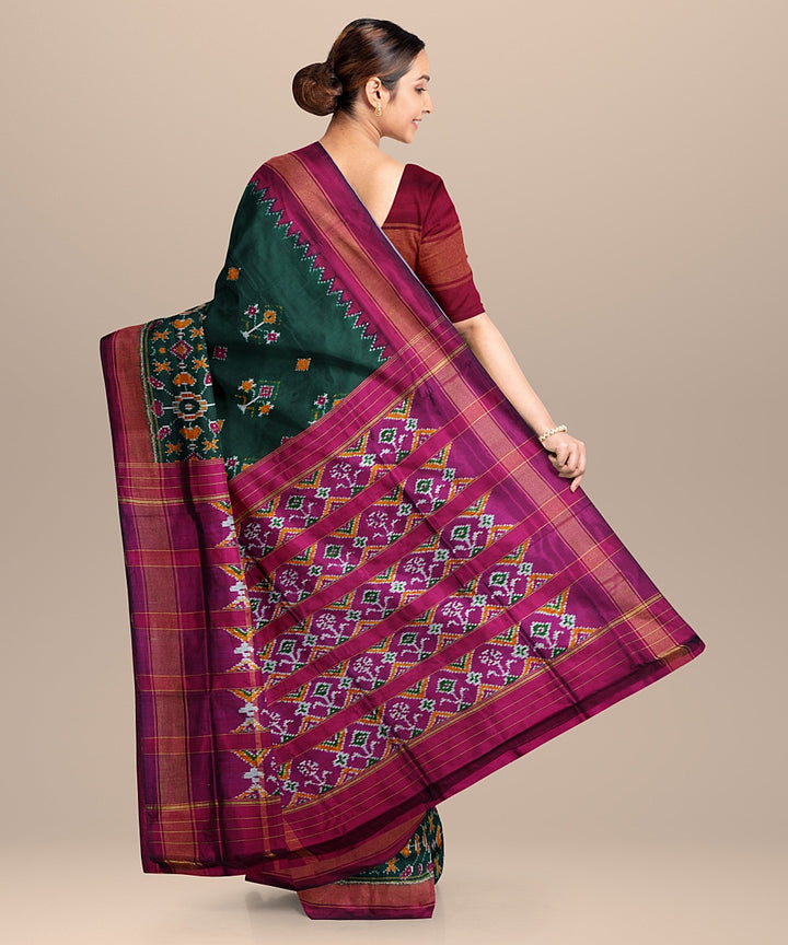 Dark green pink handwoven pochampally ikat silk saree