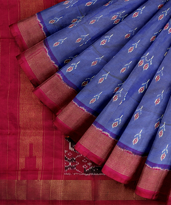 Blue red handwoven pochampally ikat silk saree