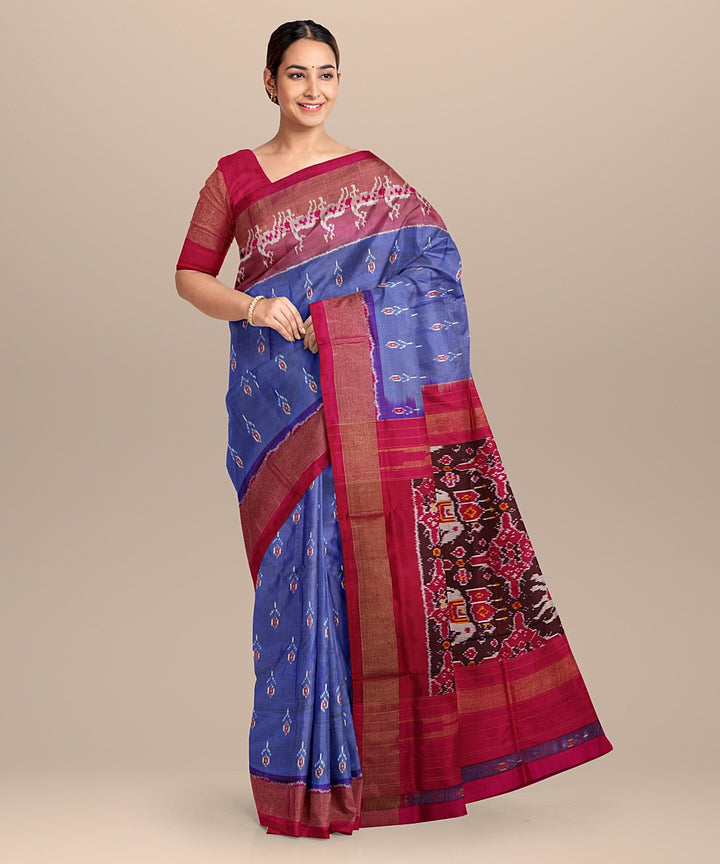 Blue red handwoven pochampally ikat silk saree