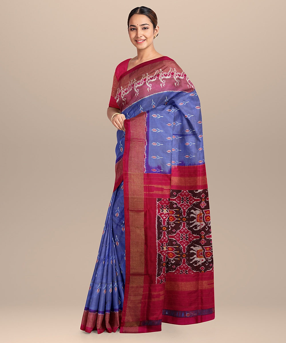 Blue red handwoven pochampally ikat silk saree