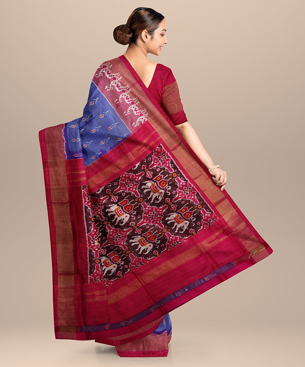 Blue red handwoven pochampally ikat silk saree