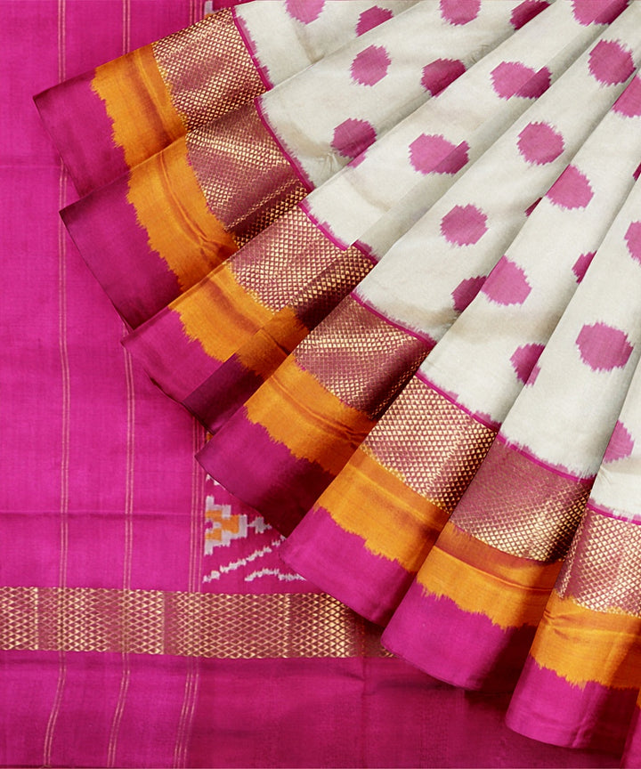 Off white pink handwoven pochampally ikat silk saree