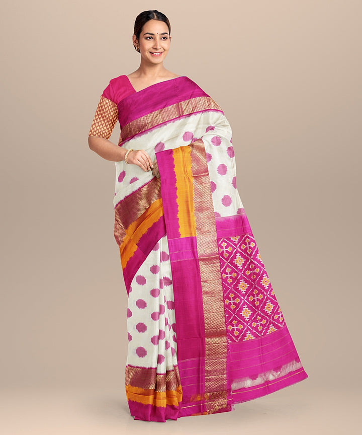 Off white pink handwoven pochampally ikat silk saree