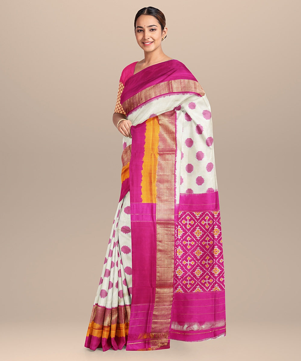 Off white pink handwoven pochampally ikat silk saree