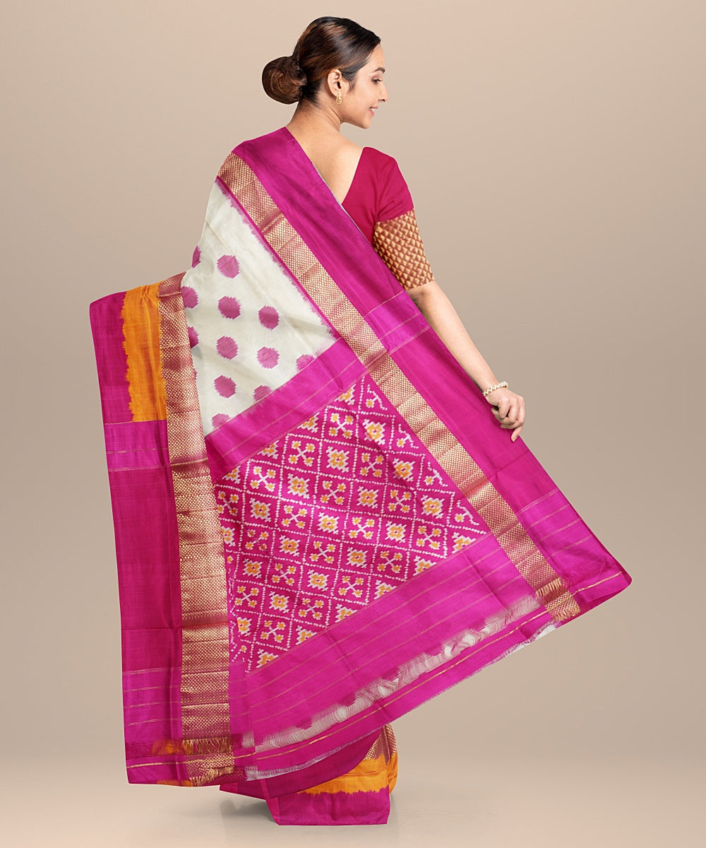 Off white pink handwoven pochampally ikat silk saree