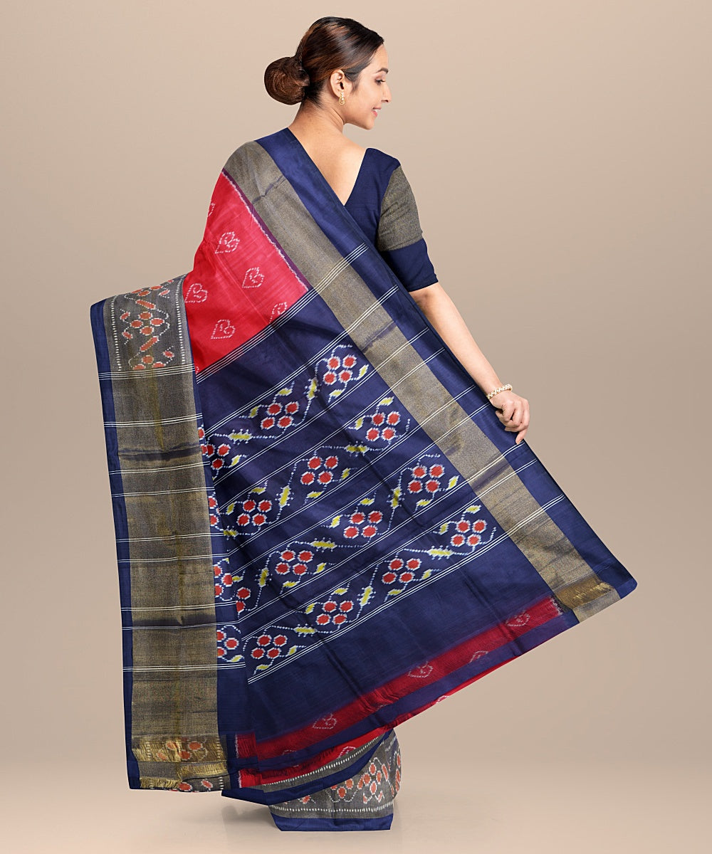 Red blue handloom pochampally ikat silk saree