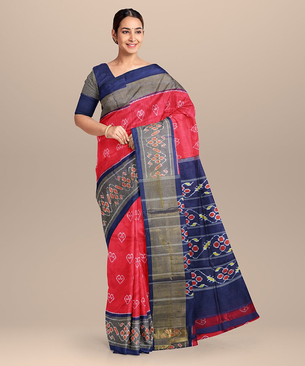 Red blue handloom pochampally ikat silk saree