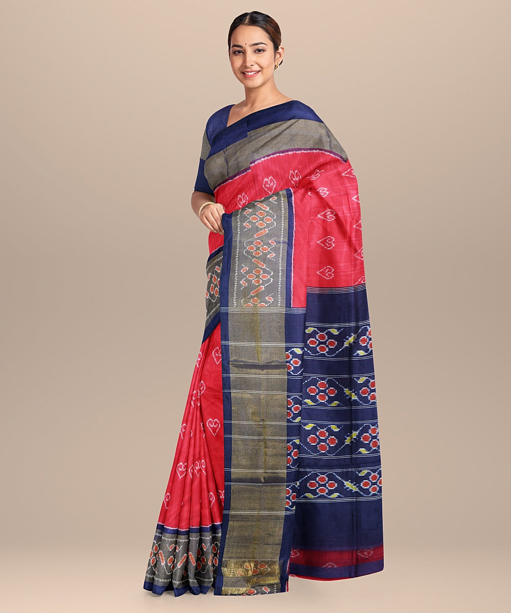 Red blue handloom pochampally ikat silk saree