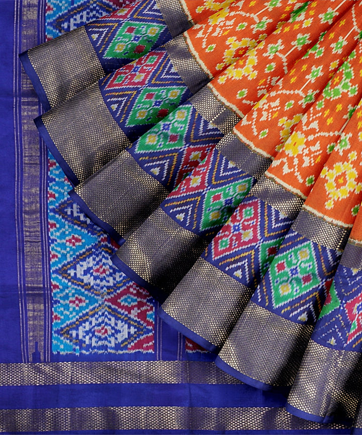 Orange blue handwoven pochampally ikat silk saree