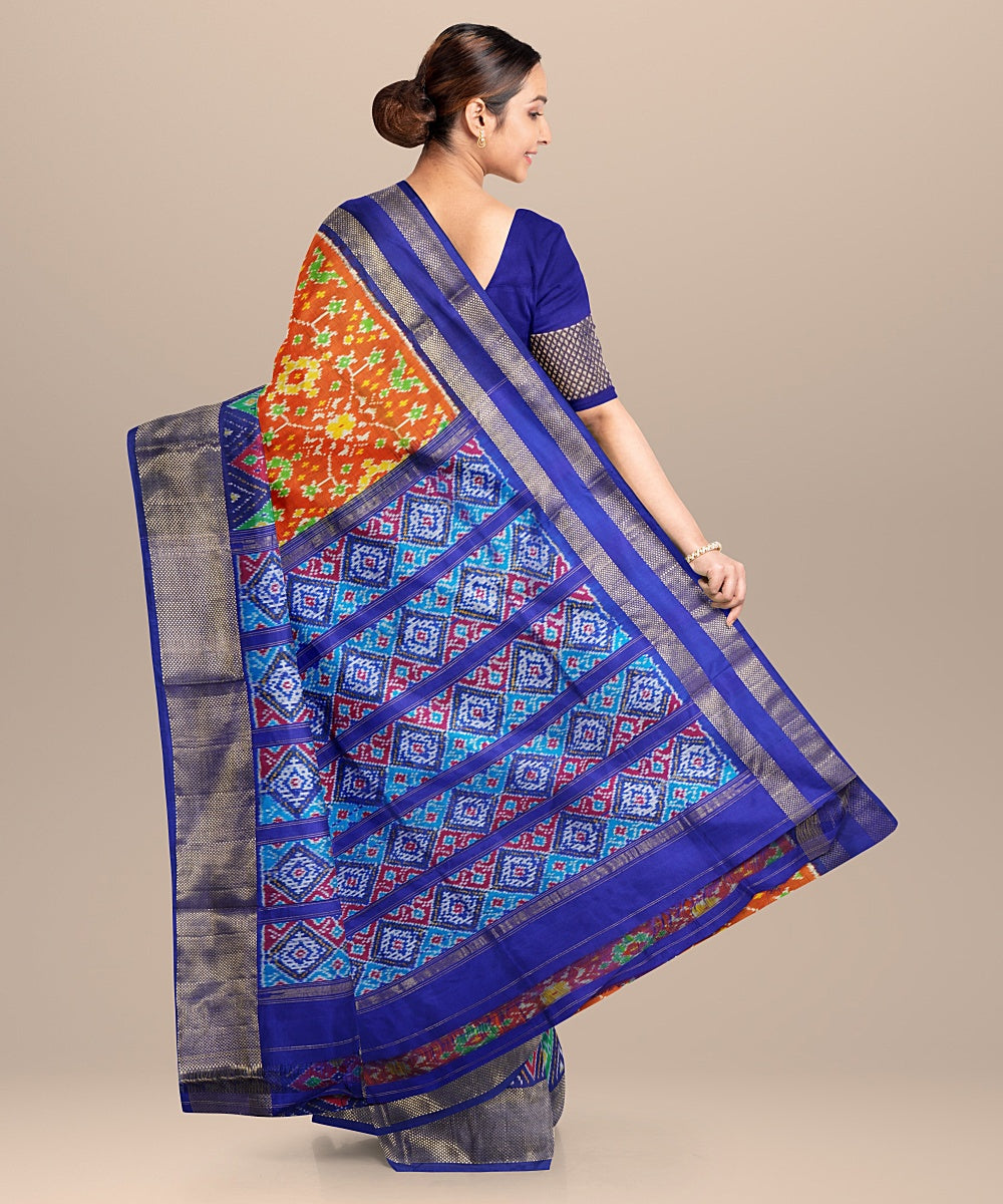 Orange blue handwoven pochampally ikat silk saree