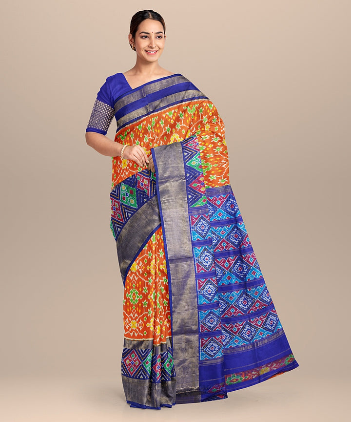 Orange blue handwoven pochampally ikat silk saree