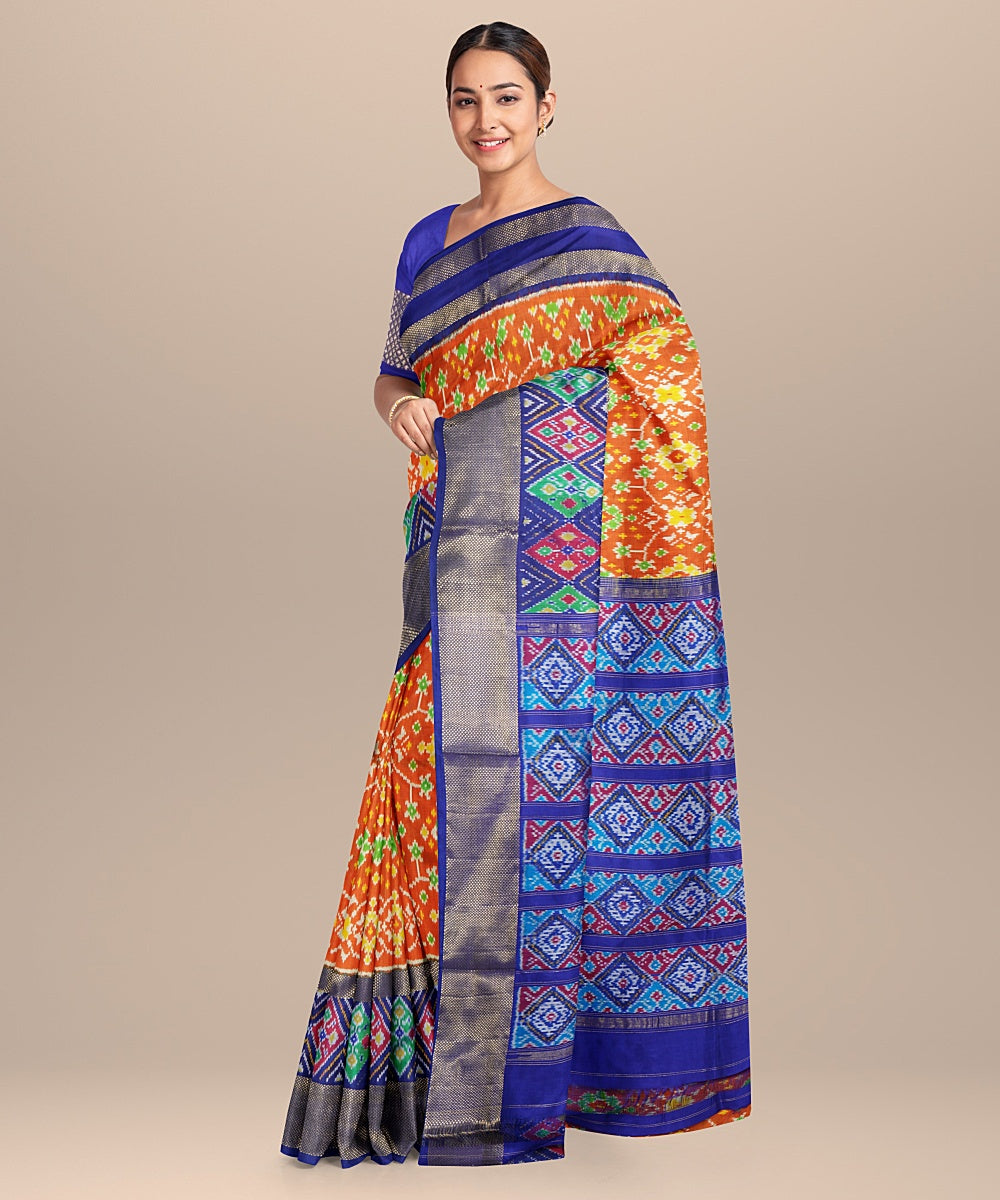 Orange blue handwoven pochampally ikat silk saree