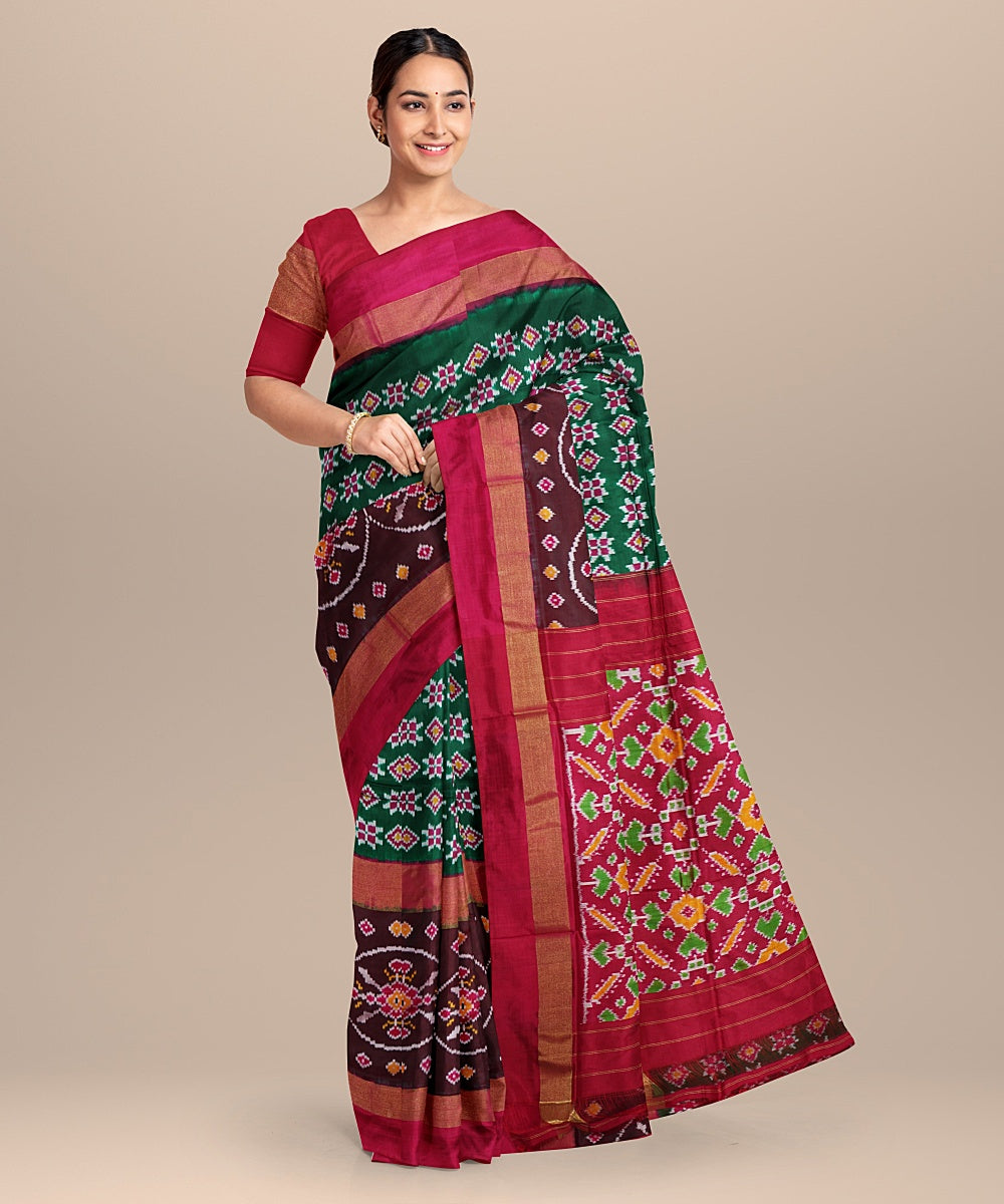 Green red handwoven pochampally ikat silk saree