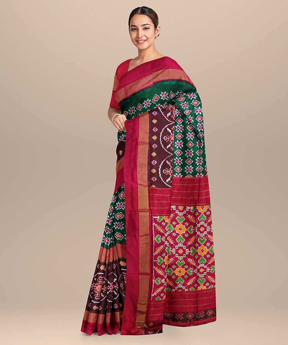 Green red handwoven pochampally ikat silk saree