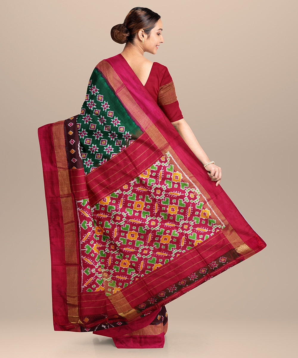 Green red handwoven pochampally ikat silk saree