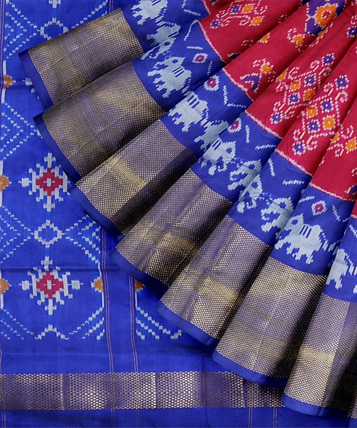 Red blue handwoven pochampally ikat silk saree