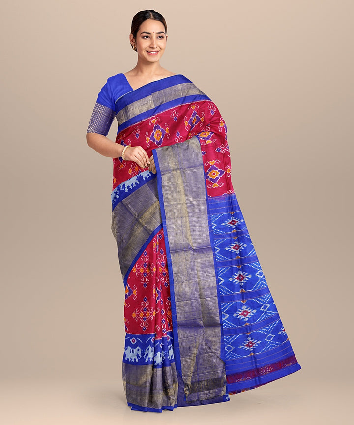 Red blue handwoven pochampally ikat silk saree