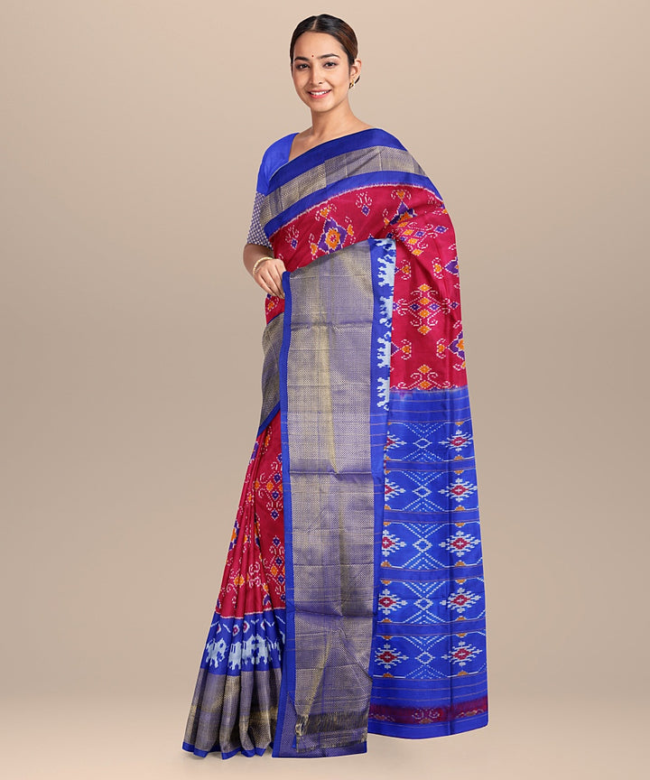 Red blue handwoven pochampally ikat silk saree