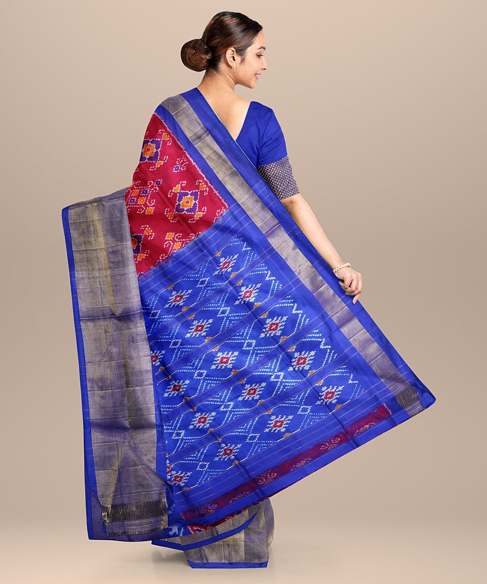 Red blue handwoven pochampally ikat silk saree