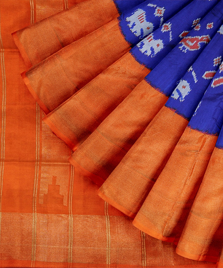 Blue orange handwoven pochampally ikat silk saree