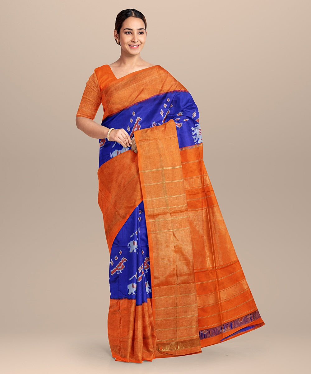 Blue orange handwoven pochampally ikat silk saree