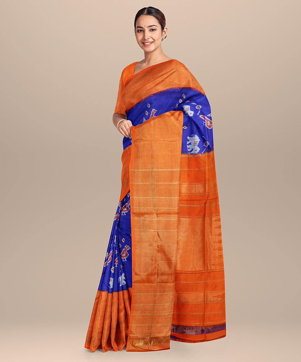 Blue orange handwoven pochampally ikat silk saree