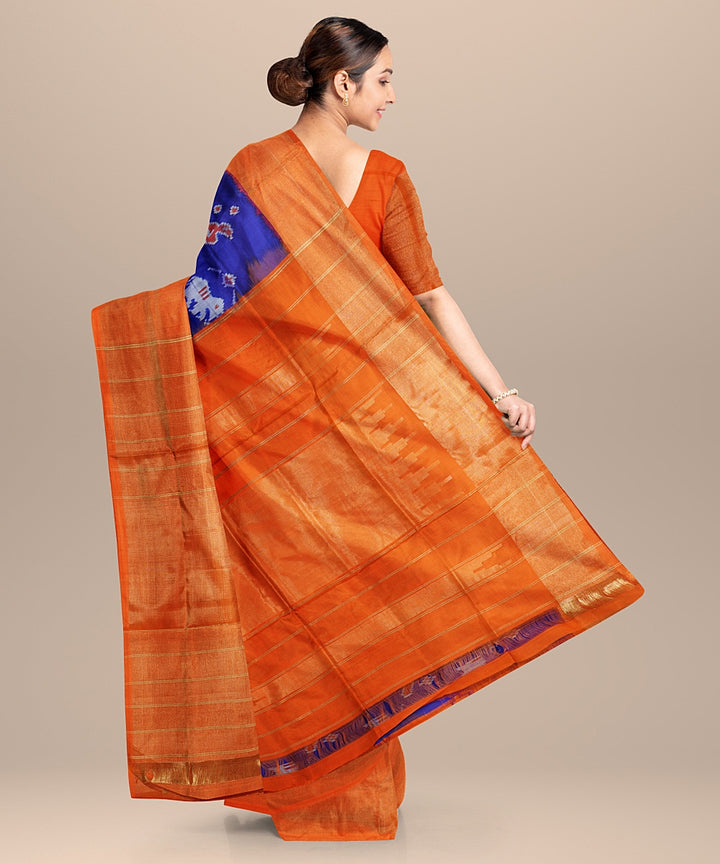 Blue orange handwoven pochampally ikat silk saree