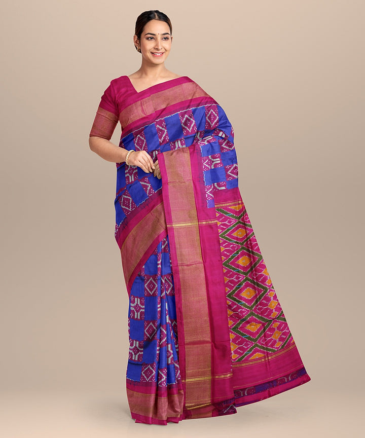 Blue pink silk pochampally ikat handloom saree