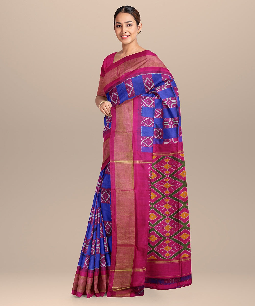 Blue pink silk pochampally ikat handloom saree