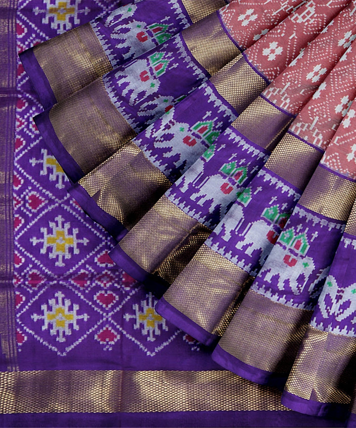 Peach purple handwoven pochampally ikat silk saree