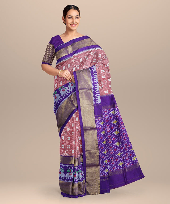 Peach purple handwoven pochampally ikat silk saree