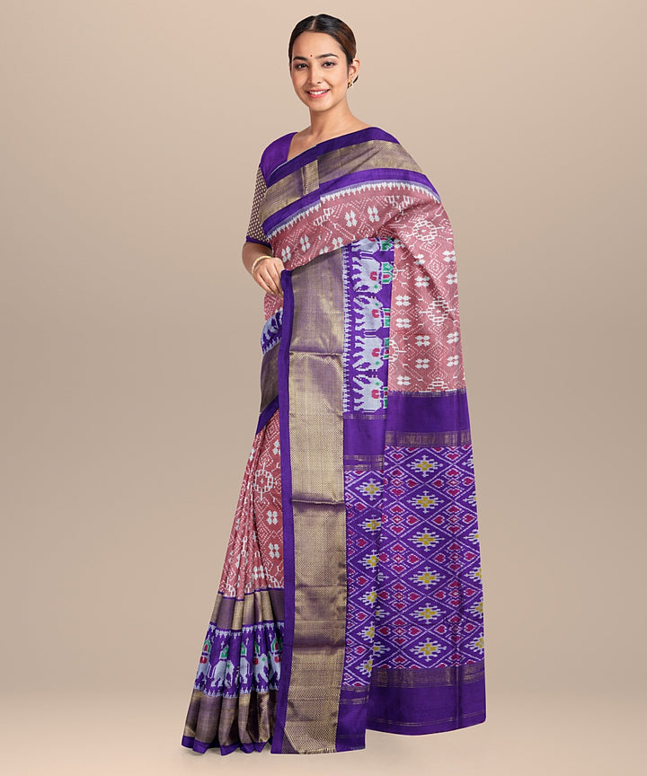 Peach purple handwoven pochampally ikat silk saree