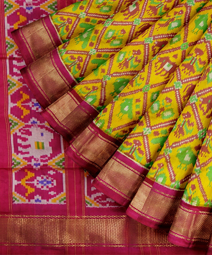 Lemmon green pink handwoven pochampally ikat silk saree