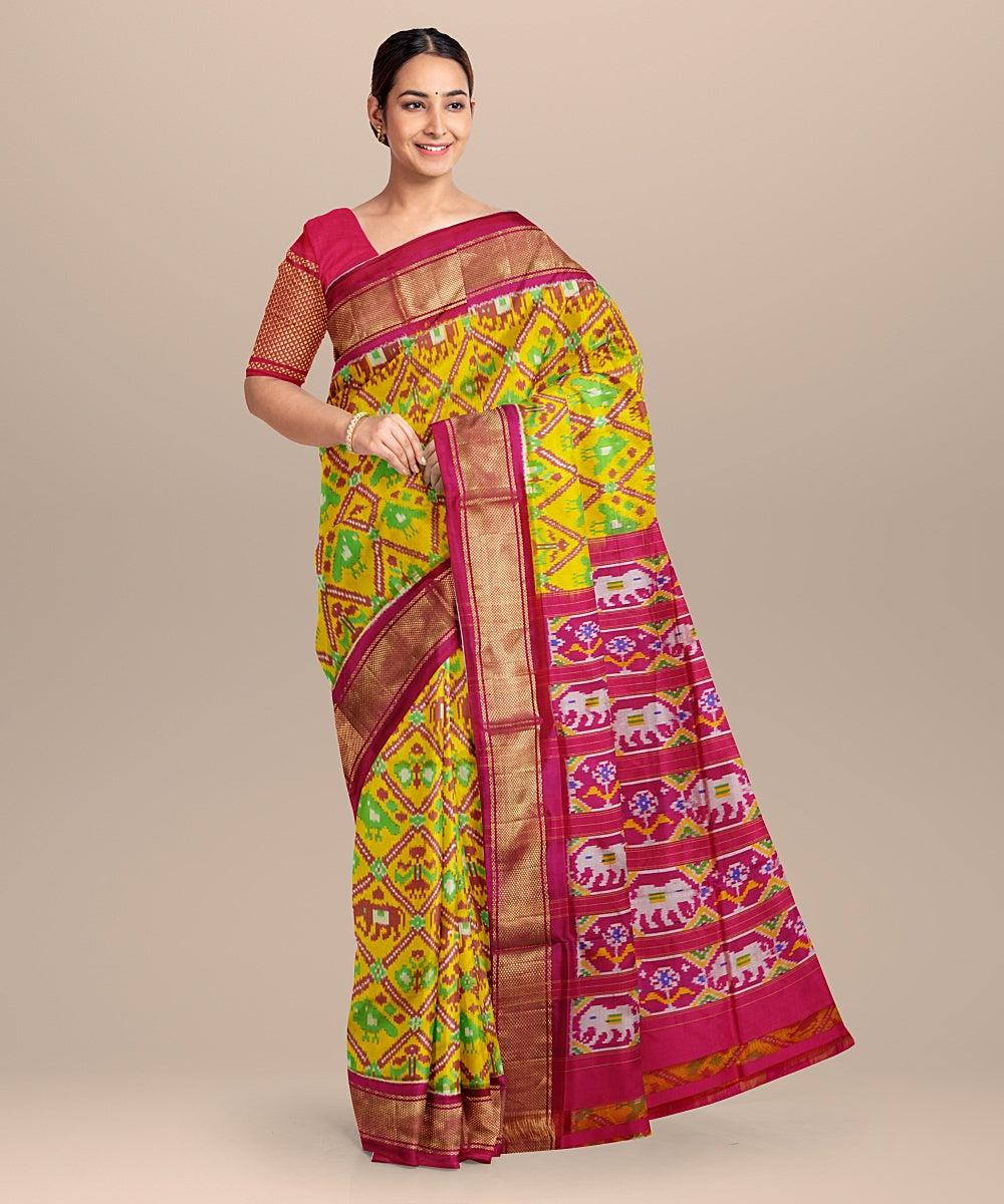 Lemmon green pink handwoven pochampally ikat silk saree