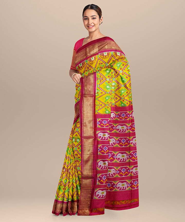 Lemmon green pink handwoven pochampally ikat silk saree