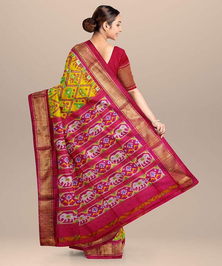 Lemmon green pink handwoven pochampally ikat silk saree