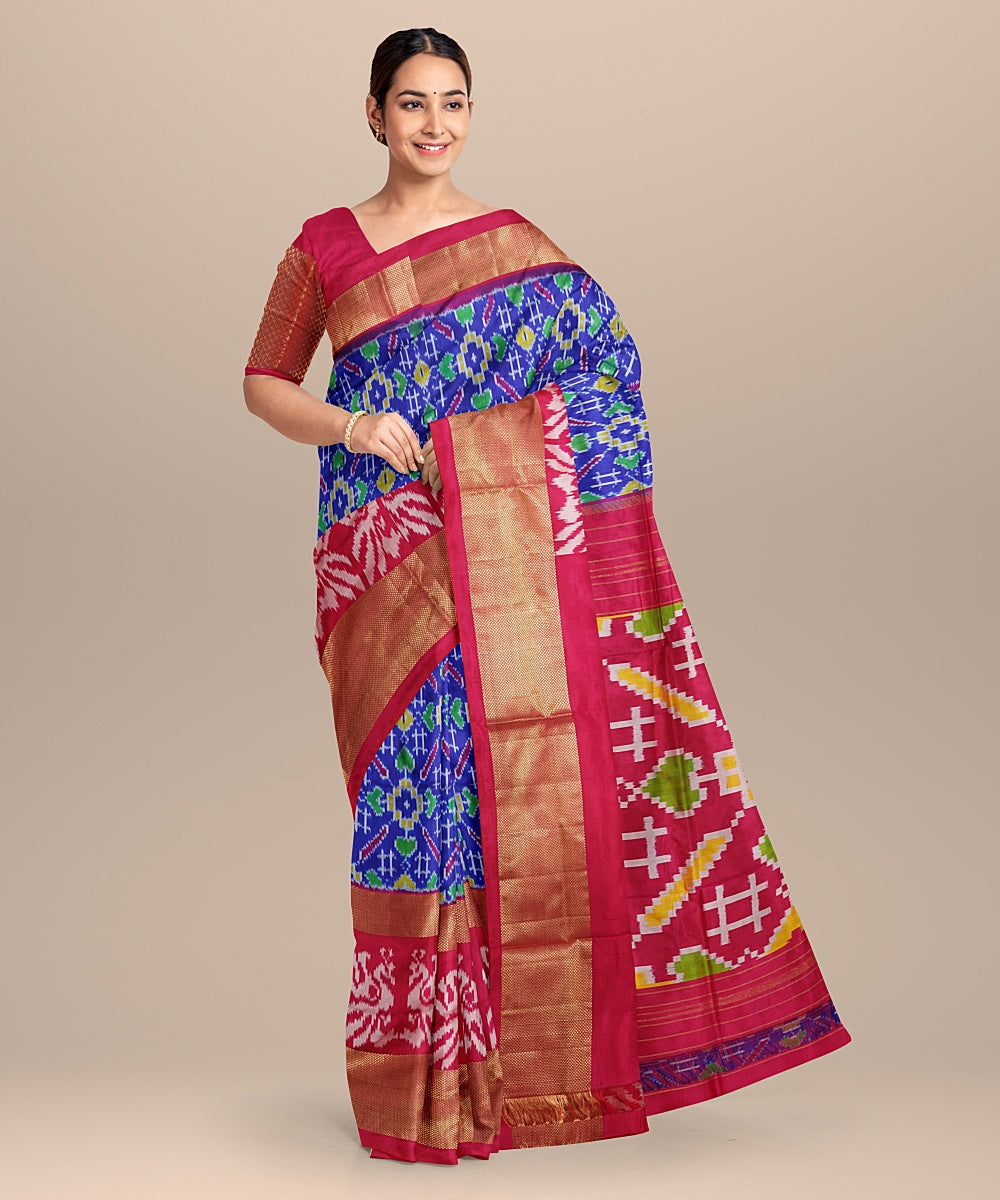 Blue red handwoven pochampally silk saree