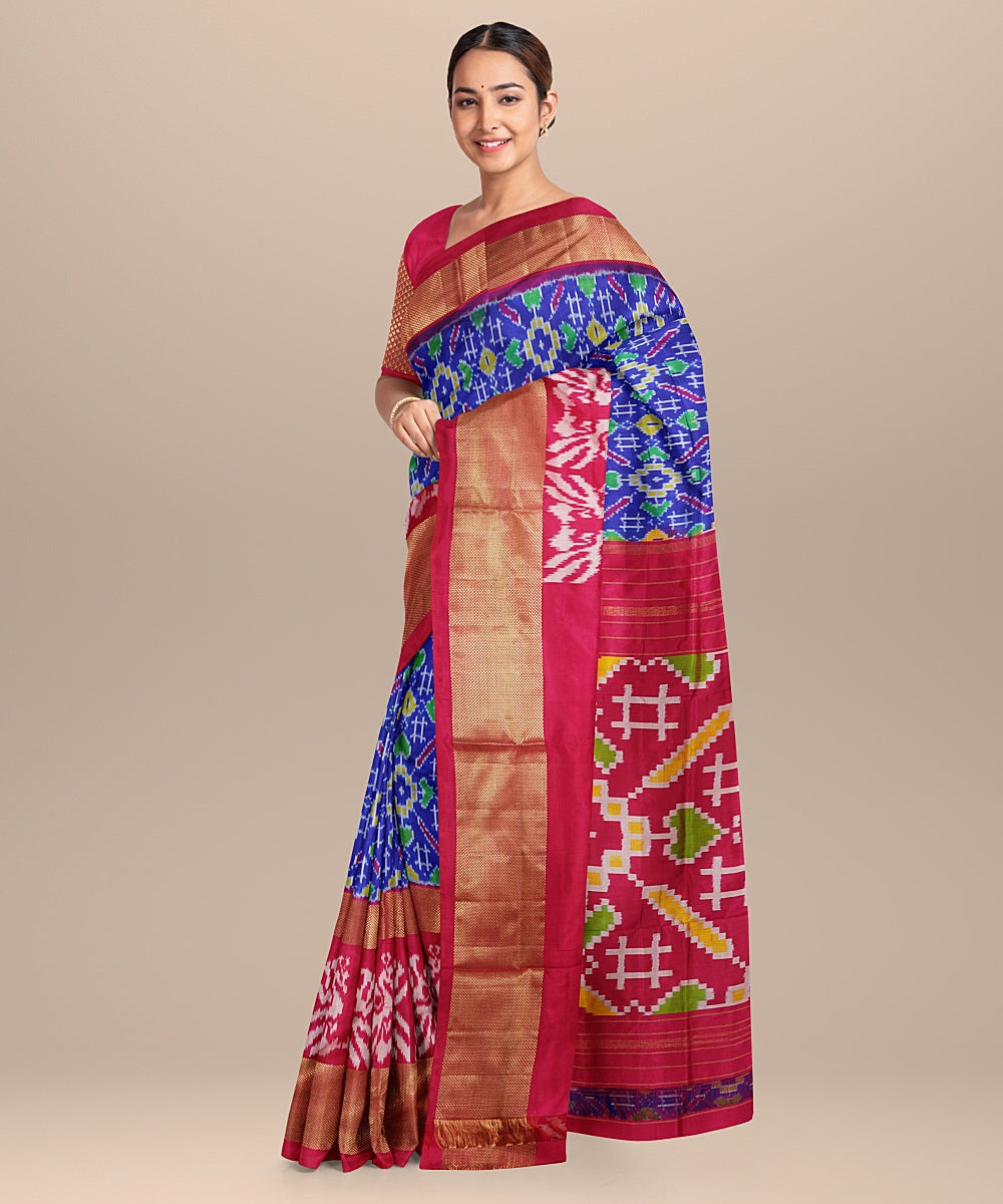 Blue red handwoven pochampally silk saree