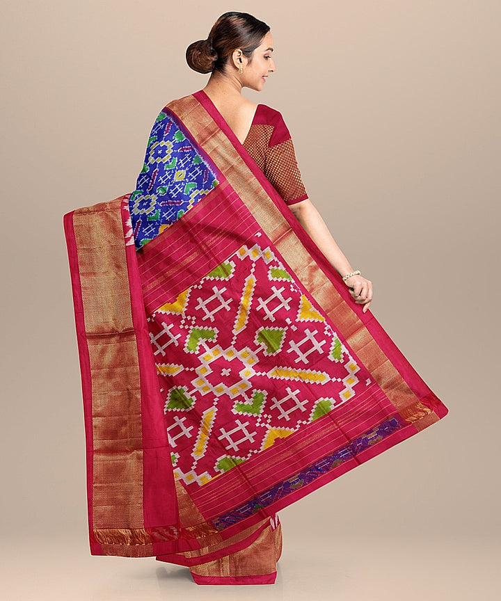 Blue red handwoven pochampally silk saree