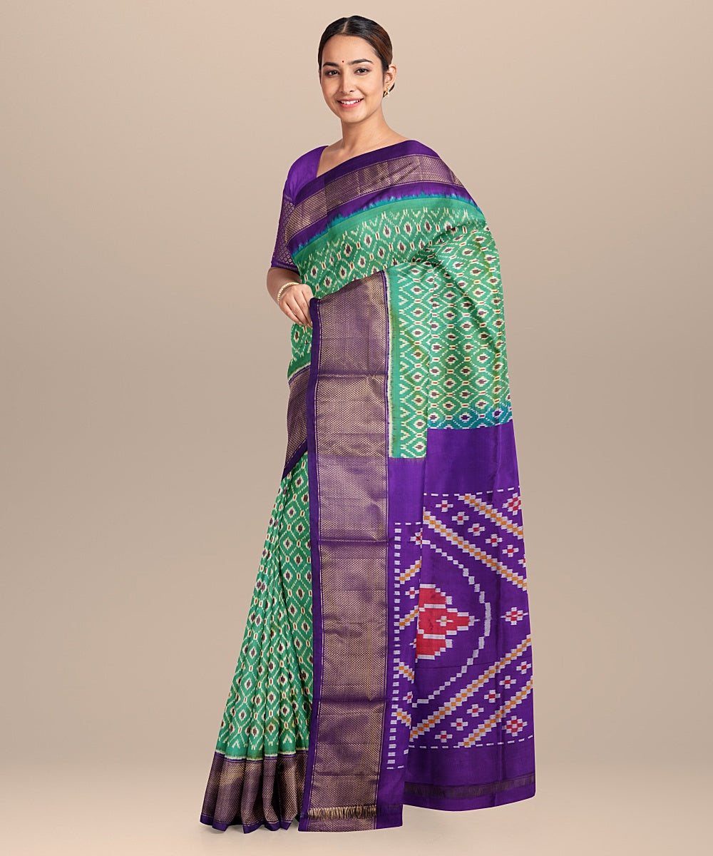 Light green blue handwoven pochampally silk saree